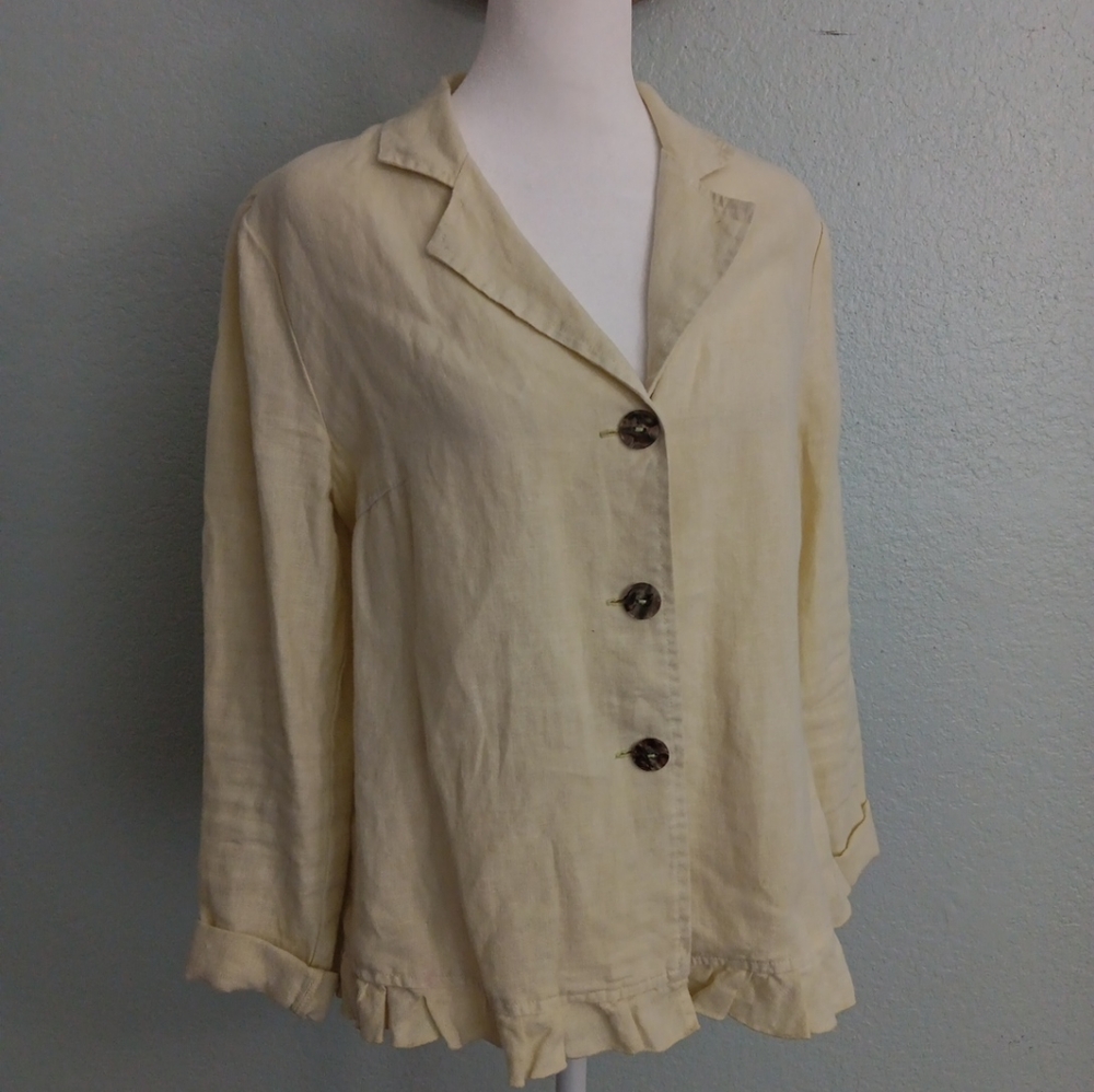 Hot Cotton linen blazer jacket light yellow ruffle sz S